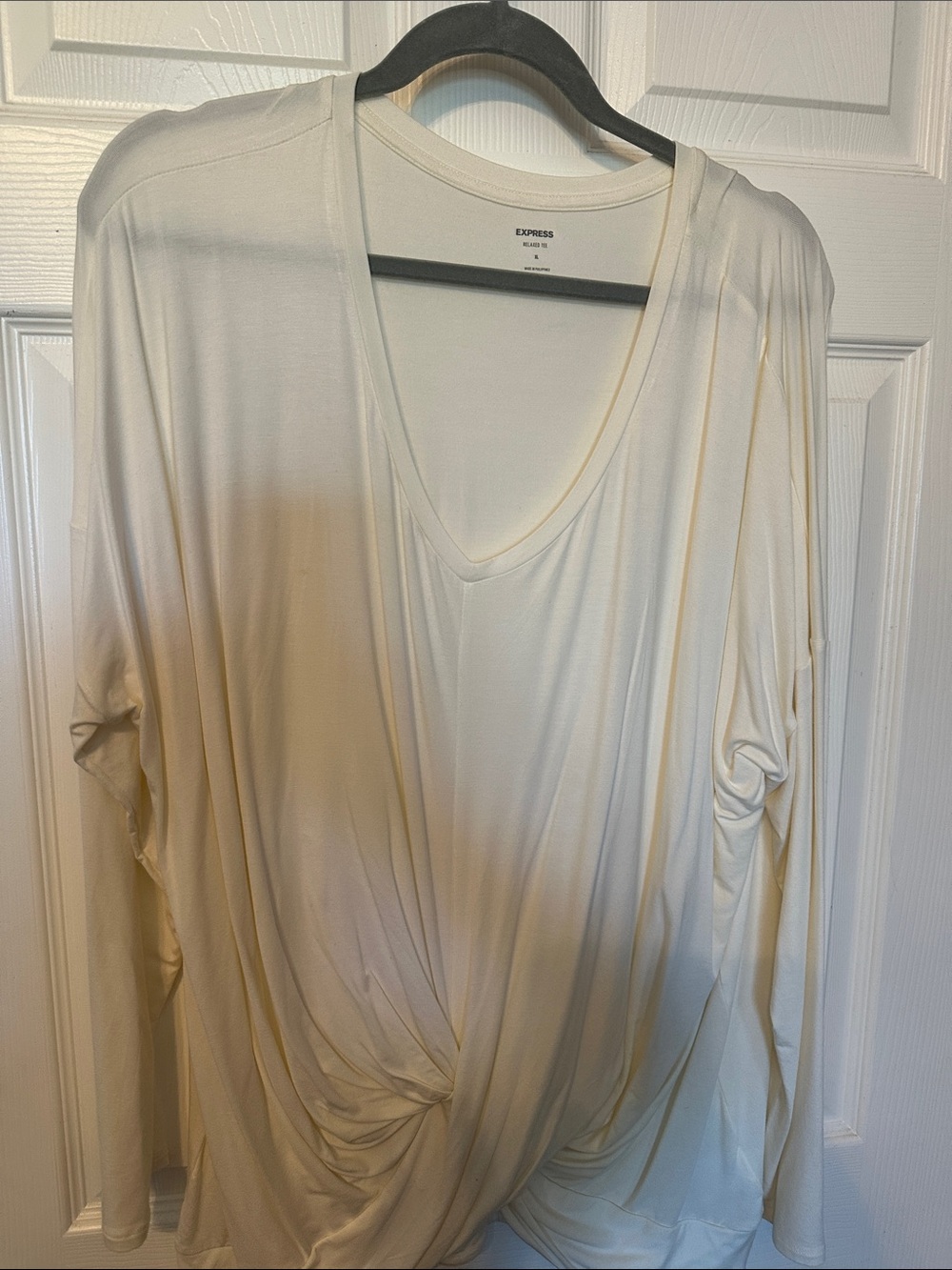 Express Cream Twist-Front V-Neck Long Sleeve Top